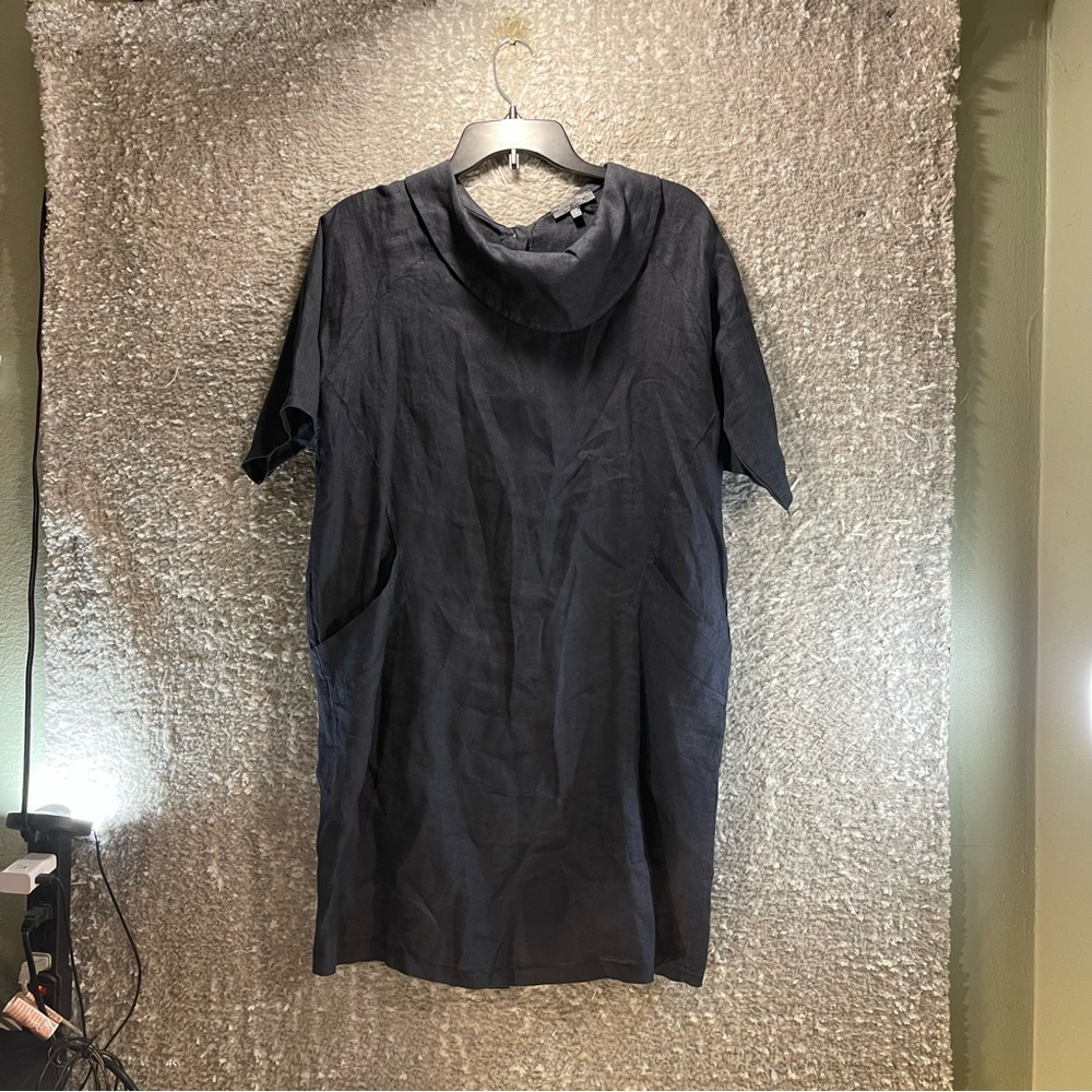 PIAZZA DEL TEMPIO Linen Button Back Shift Dress Lagenlook Pockets Gray Blue Sz S